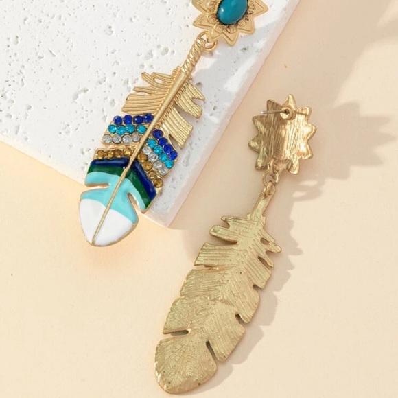 Rhinestone Feather Dangle Earrings - Picture 2 of 3